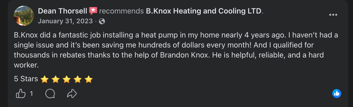 Facebook review from Dean Thorsell recommending B.Knox Heating and Cooling